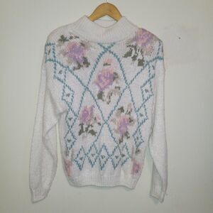 Vintage JJ Fargo Hand Knitted Floral Sweater-Large-1980s-Grannycore-Cottagecore
